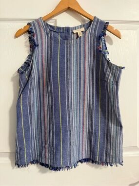 Women’s Boho Style 100% cotton knit top with fringe on sleeves & hem. Sz Small